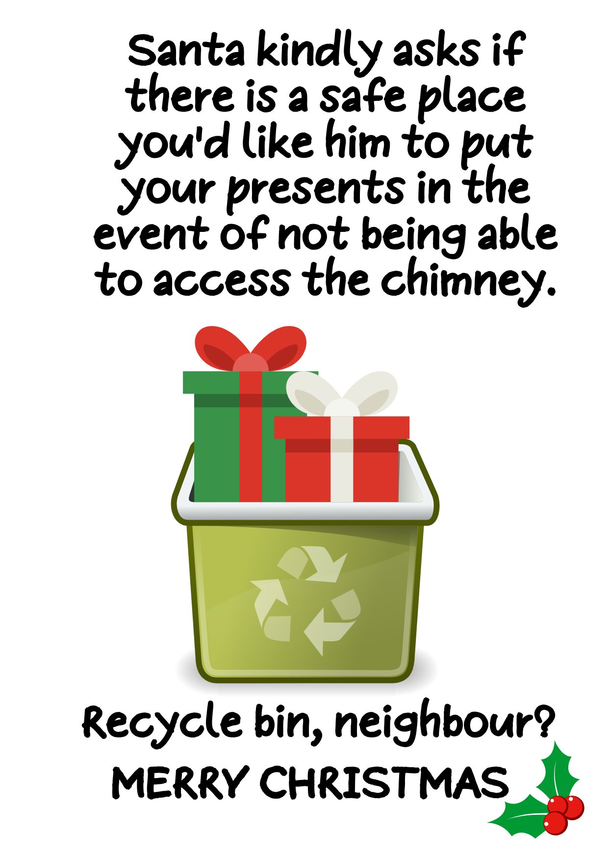 Santa Joke Christmas Card featuring on-trend Xmas pun about alternative delivery options for presents