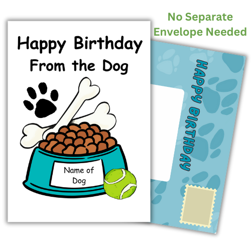 Personalised birthday card with an illustration of a dog's bowl, bones, and a tennis ball, alongside text that reads 'Happy Birthday From the Dog'. There's also an envelope with a blue paw print design.