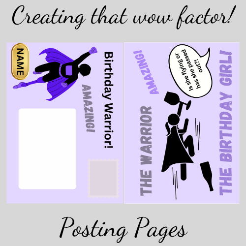 Image featuring The warrior woman birthday card posting pages in purple and illustrated with humourous supergirl design