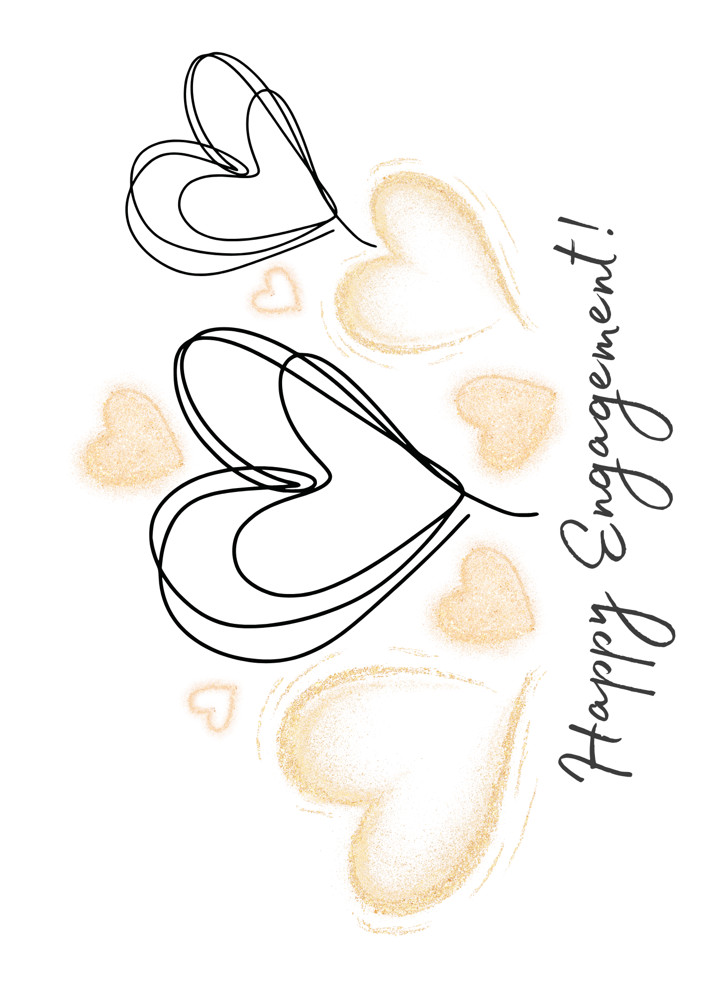 line drawing of hearts and gold hearts with 'Happy Engagement!' text on a white background