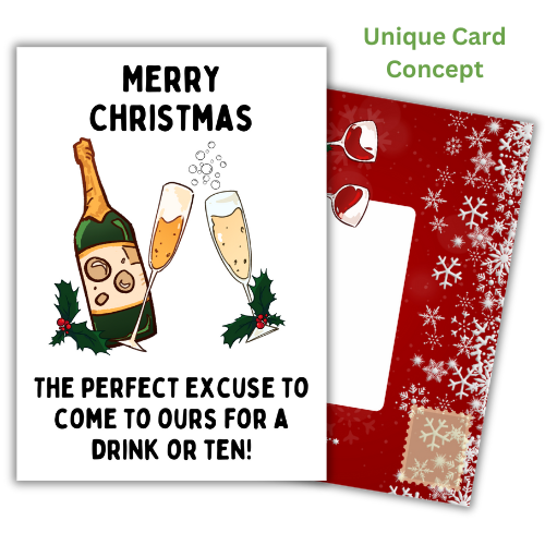 Christmas greeting card with a humorous message, alcohol-themed illustrations, and a red Christmas themed built-in envelope.