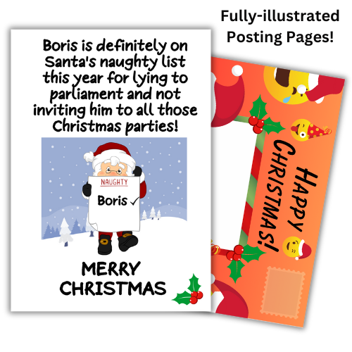 A self-seal Christmas card featuring an illustration of Santa Claus with a humorous message about Boris Johnson on the naughty list, along with Christmas-themed decorations.