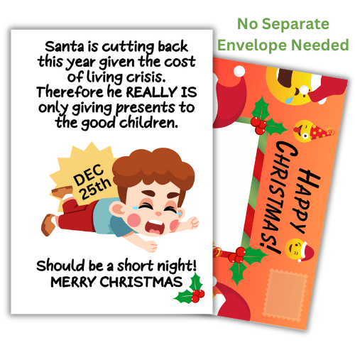 A Christmas card featuring cartoon-style illustrations, with Santa Claus and a child, and text jokes about the cost of living crisis and being on the naughty list.