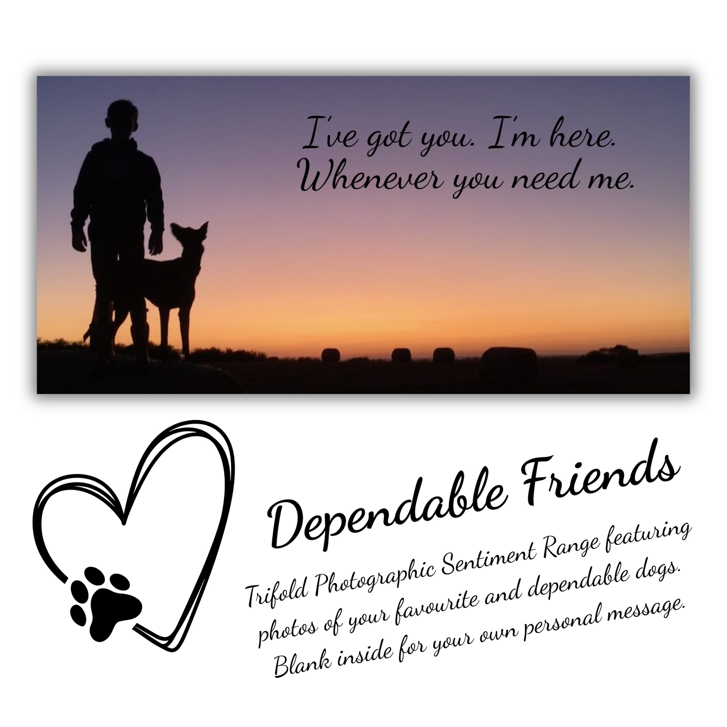 The image depicts the Bare Cards Dog Photo Sentiment Card 'I've got you' with the full trifold image open showing a silhouette of a boy with his dog looking up at him on a sunset background. The caption on the card reads 'I've got you. I'm here. Whenever you need me.'
Below is the Dependable Friends logo, a black outline of a heart with a dog paw. The words read 'Dependable Friends. Trifold Photographic Sentiment Range featuring photos of your favourite and dependable dogs. Blank inside for your own message