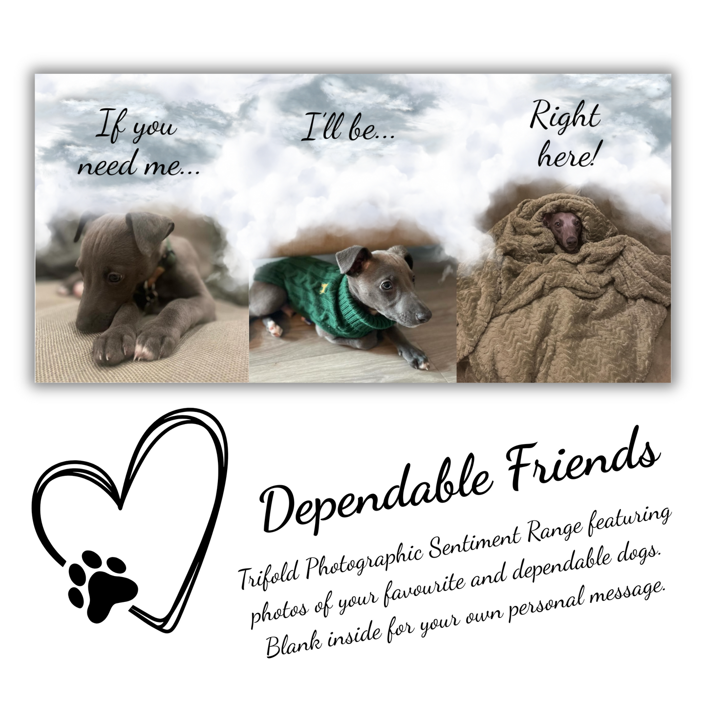 The image depicts the Bare Cards Dog Photo Get well Card with the full trifold image open showing 3 cute photos of a whippet puppy. The caption on the card reads 'If you need me... I'll be... Right here!.'
Below is the Dependable Friends logo, a black outline of a heart with a dog paw. The words read 'Dependable Friends. Trifold Photographic Sentiment Range featuring photos of your favourite and dependable dogs. Blank inside for your own message'