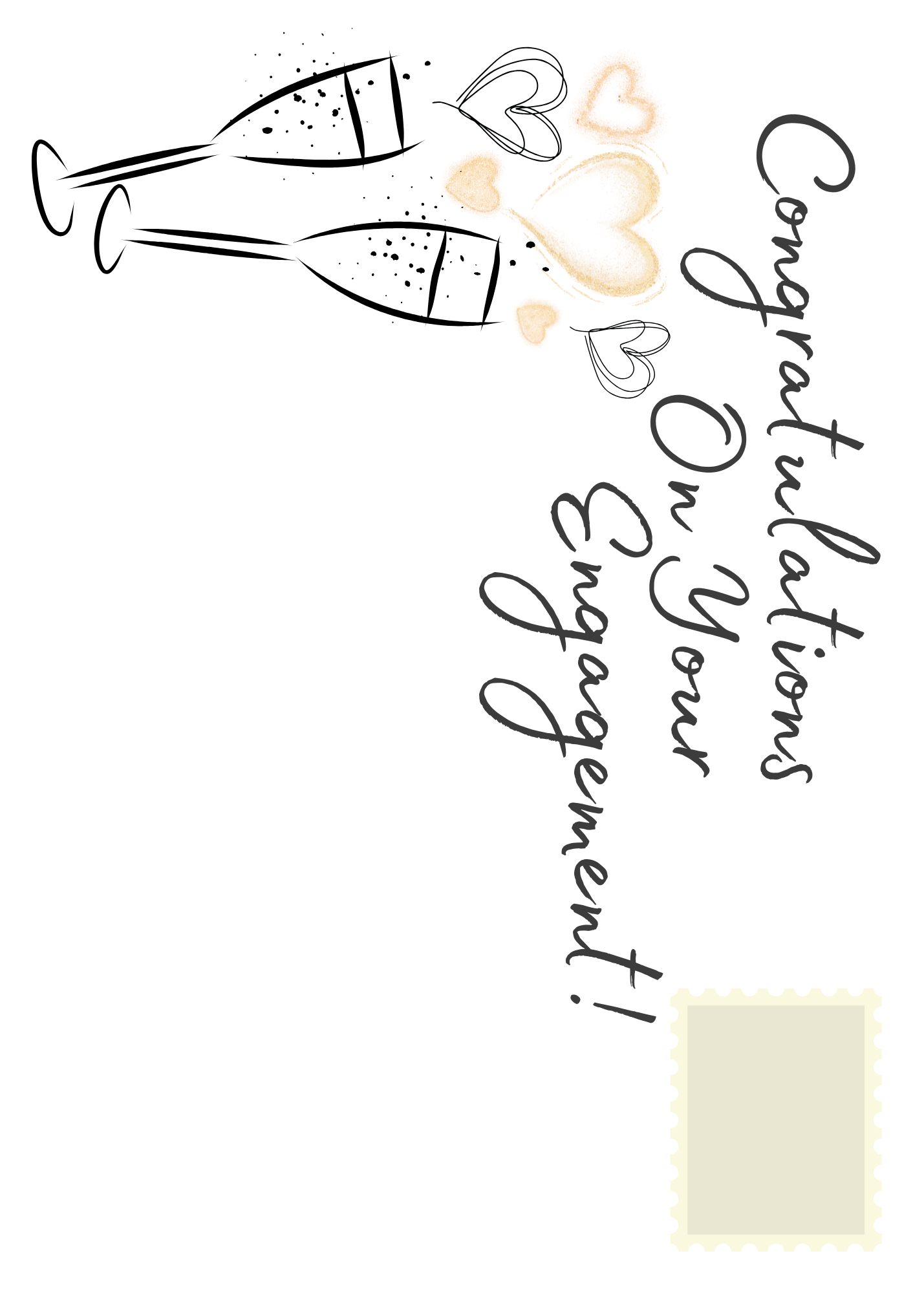 Card with champagne glasses, hearts, and 'Congratulations On Your Engagement!' text on a white background.