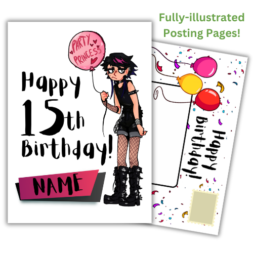 Image features the front of the Bare Cards 15th Birthday Goth Girl for the 'Party Princess'. Picture shows a 7.5 x 5 inch card with a gothic looking teenager holding a pink balloon with the words 'Party Princess' written on it. It's on a white Background and features the caption 'Happy 15th Birthday!" with a space to personalise below.
Behind the card is an image of the posting page, which is covered in confetti and features three balloons, an address box and a place to put the stamp.