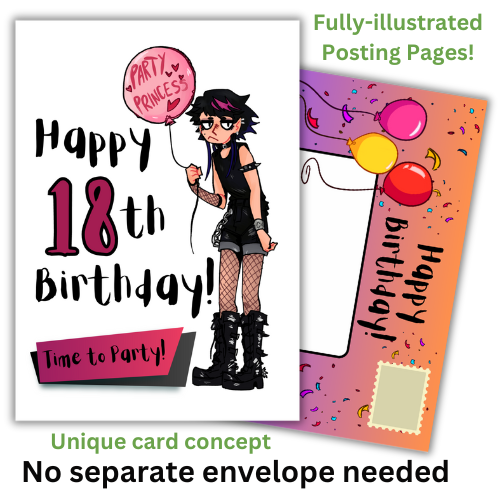 Image features the front of the Bare Cards 18th Birthday Goth Girl for the 'Party Princess'. Picture shows a 7.5 x 5 inch card with a gothic looking teenager holding a pink balloon with the words 'Party Princess' written on it. It's on a white Background andfeatures the caption 'Happy 18th Birthday! Time to Party'. Behind the card is an image of the posting page, which is orange and purple, covered in confetti and features three balloons, an address box and a place to put the stamp.