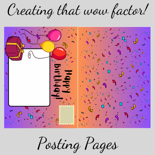 The image shows a graphic mock-up of the Bare Cards Goth Girl Range Posting Covers. It shows the two posting covers which are covered in multi-coloured confetti and on a background which changes from orange to purple. The front posting cover has a picture of present and three balloons, a stamp, an address label and the caption 'Happy Birthday'. Around the posting pages, on a grey background are the words 'Creating that wow factor! Posting Pages'
