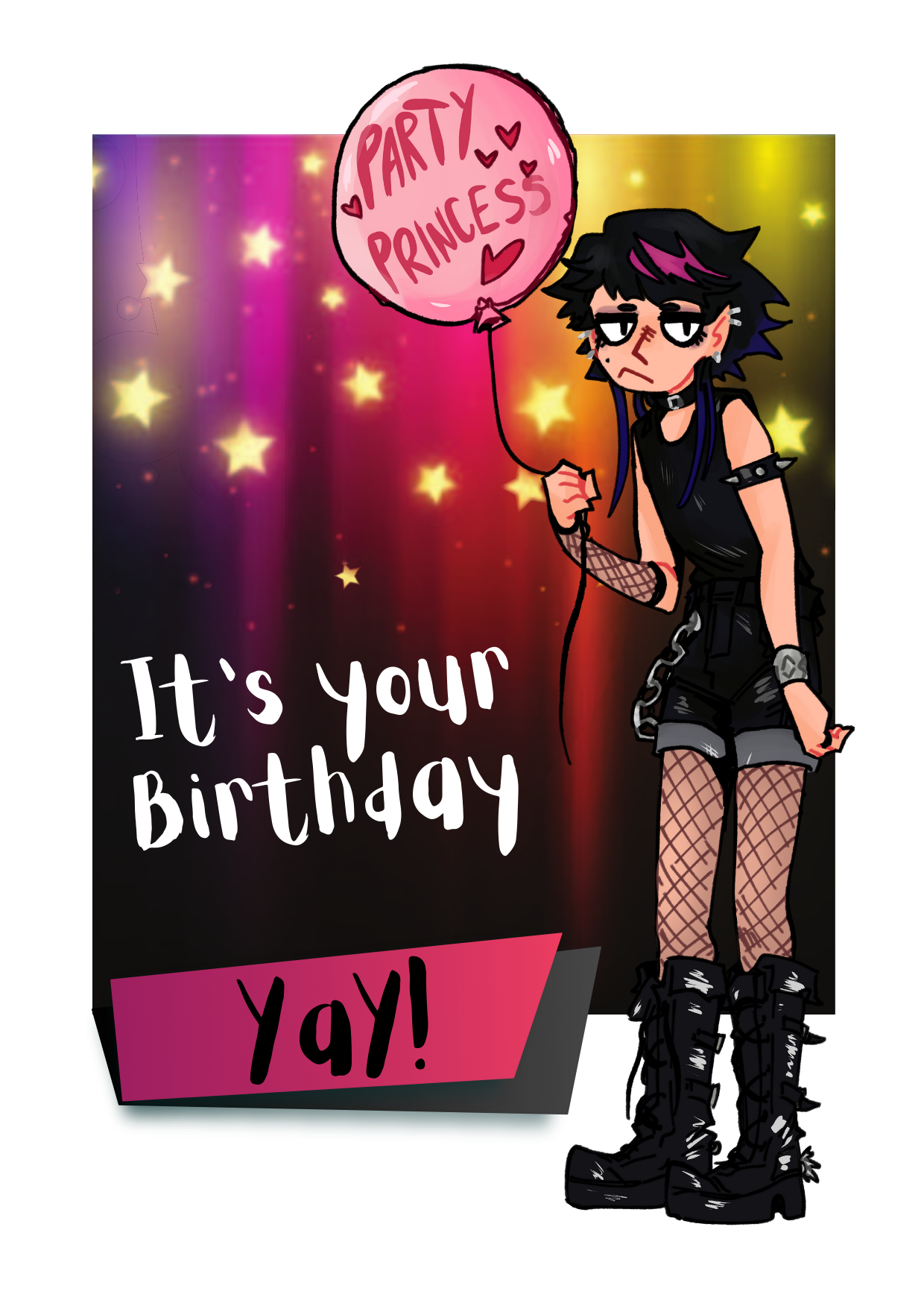 Image features the front of the Bare Cards Open Birthday Goth Girl for the 'Party Princess'. Picture shows a 7.5 x 5 inch card with a gothic looking teenager holding a pink balloon with the words 'Party Princess' written on it. It's on a pink and black Party Background with lights and stars and features the caption 'It's your Birthday. Yay!'