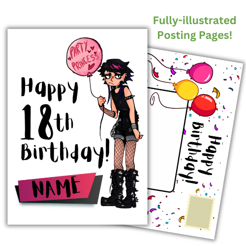 Image features the front of the Bare Cards 18th Birthday Goth Girl for the 'Party Princess'. Picture shows a 7.5 x 5 inch card with a gothic looking teenager holding a pink balloon with the words 'Party Princess' written on it. It's on a white Background and features the caption 'Happy 18th Birthday!" with a space to personalise below.
Behind the card is an image of the posting page covered in confetti and features three balloons, an address box and a place to put the stamp.