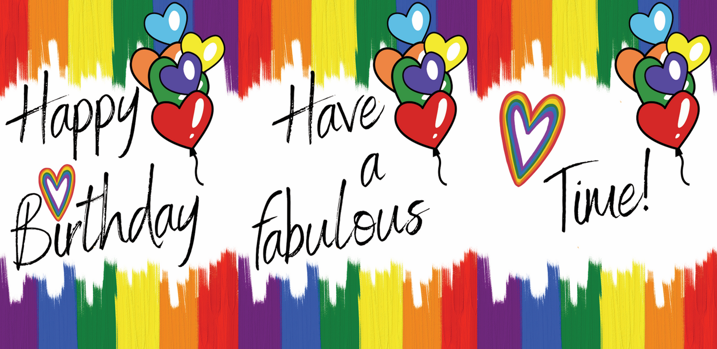 Colorful trifold self-seal birthday card with hearts and text 'Happy Birthday, Have a fabulous time!' on a white background.