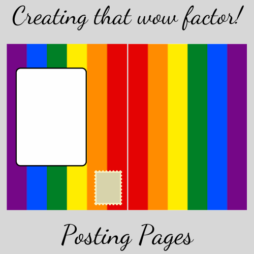 Colorful rainbow striped LGBT Posting Pages from Bare Cards with text 'Creating that wow factor! Posting Pages' on a gray background