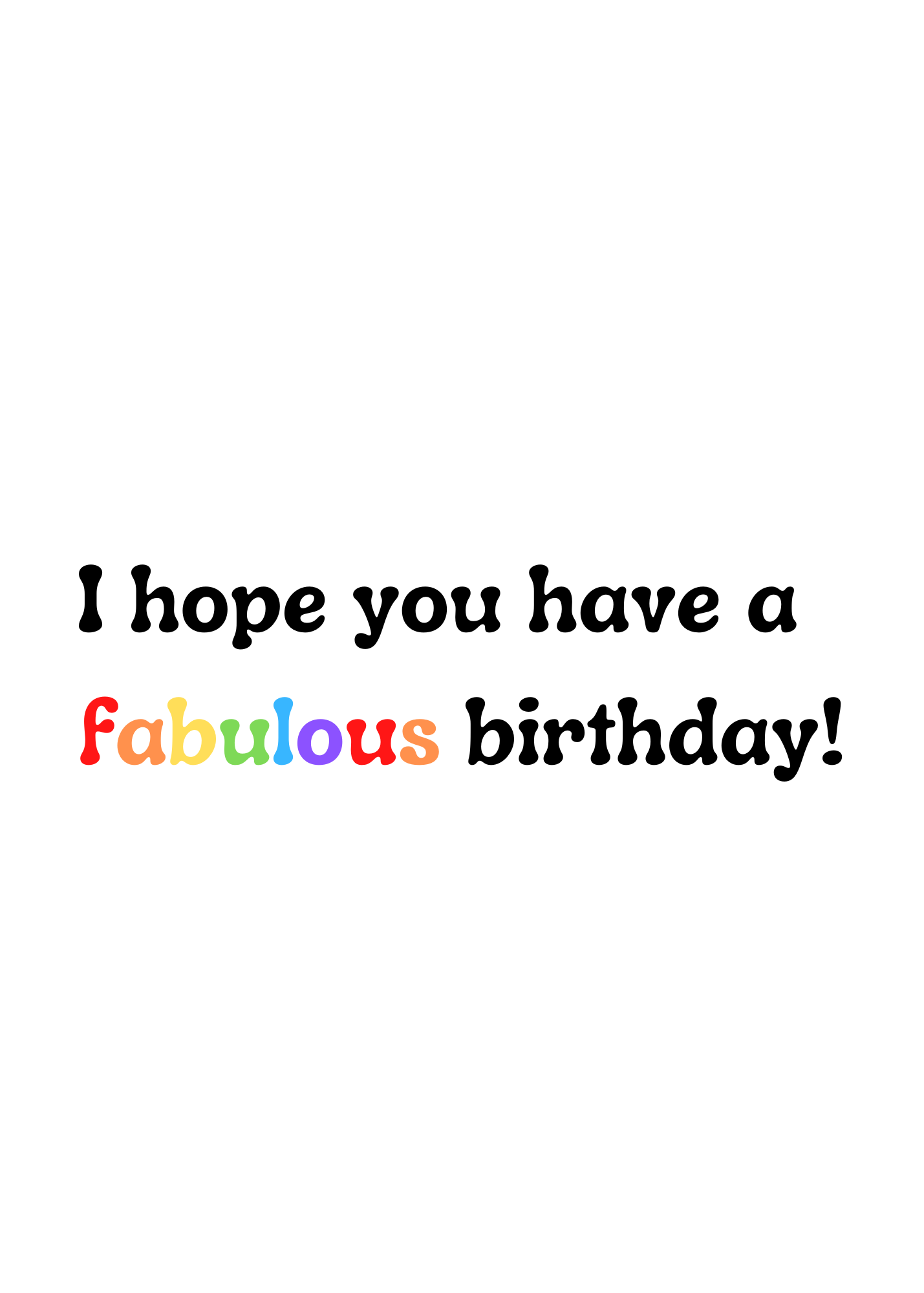 Text in Bare Cards LGBT Birthday card which reads I hope you have a fabulous birthday and the word fabulous is written in rainbow colours