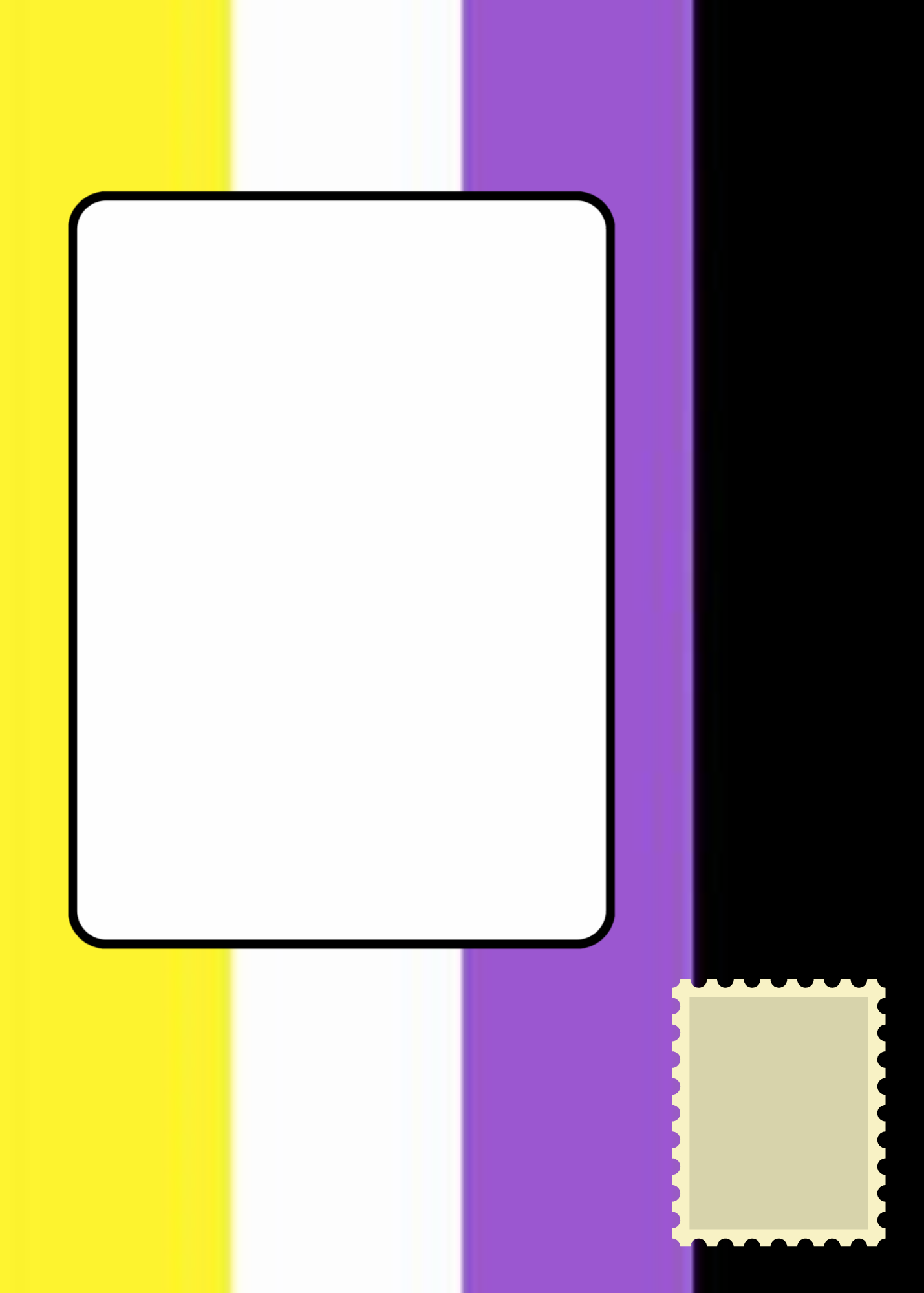 Image shows the Bare Cards front posting page for the non-binary card range. Featuring the non-binary flag, black,white. yellow and purple stripes, the image also shows the address label space and the stamp space