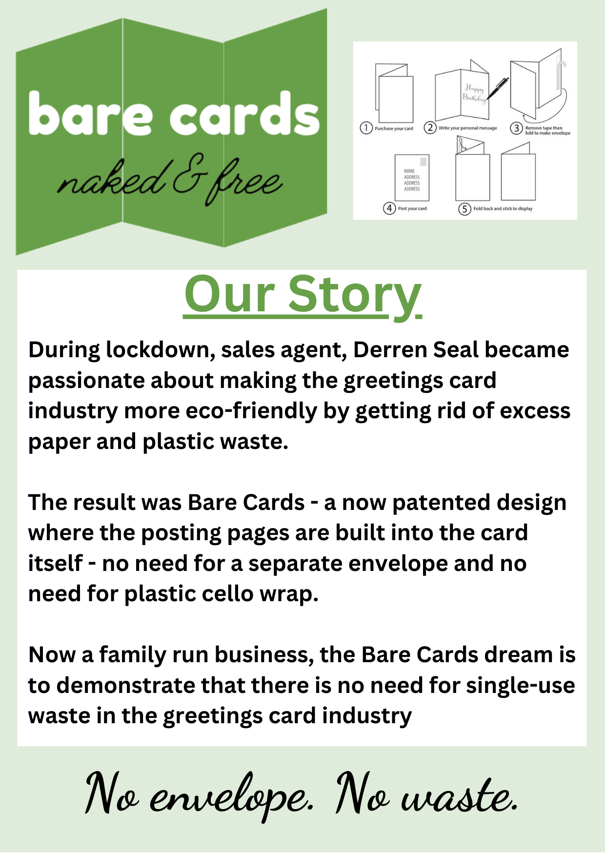 Image shows a flyer explaining how the Bare Cards self-seal greetings cards were invented