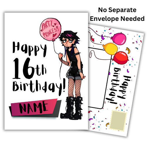 Image features the front of the Bare Cards 16th Birthday Goth Girl for the 'Party Princess'. Picture shows a 7.5 x 5 inch card with a gothic looking teenager holding a pink balloon with the words 'Party Princess' written on it. It's on a white Background and features the caption 'Happy 16th Birthday!' with a place to personalise below.
Behind the card is an image of the posting page covered in confetti and features three balloons, an address box and a place to put the stamp.