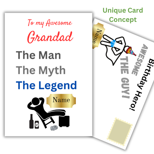 This image shows the Bare Cards 'The Man, The Myth, The Legend' Birthday Card for Grandad. The Caption reads 'To an awesome Grandad The Man, the Myth, the Legend'. The picture on the card shows the silhouette of a man reclining on a chair with beer cans around him and his hands behind his head. There is a gold plaque where the personalised name is written. 
Behind is the hilariously illustrated posting cover with captions 'Birthday Hero! Awesome. The Guy!' also personalised.