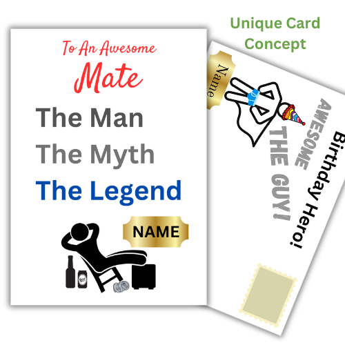 This image shows the Bare Cards 'The Man, The Myth, The Legend' Birthday Card for your Mate. The Caption reads 'To an awesome Mate The Man, the Myth, the Legend'. The picture on the card shows the silhouette of a man reclining on a chair with beer cans around him and his hands behind his head. There is a gold plaque where the personalised name is written. 
Behind is the hilariously illustrated posting cover with captions 'Birthday Hero! Awesome. The Guy!' also personalised.