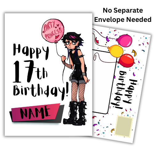 Image features the front of the Bare Cards 17th Birthday Goth Girl for the 'Party Princess'. Picture shows a 7.5 x 5 inch card with a gothic looking teenager holding a pink balloon with the words 'Party Princess' written on it. It's on a white Background and features the caption 'Happy 17th Birthday!" with a space to personalise below.