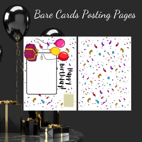 The image shows a graphic mock-up of the Bare Cards Goth Girl Range Posting Covers. It shows the two posting covers which are covered in multi-coloured confetti and on a white background. The front posting cover has a picture of  present and three balloons, a stamp, an address label and the caption 'Happy Birthday'. Around the posting pages, on a party background are the words 'Bare Cards Posting Pages'