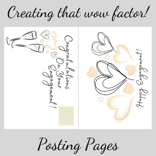 Bare Cards Engagement-themed built-in envelope pages with hearts and champagne glasses on a light gray background.