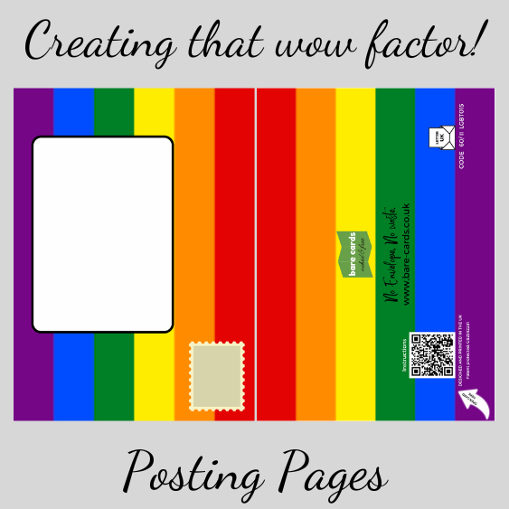 Bare Cards Self-sealing LGBTQIA Birthday Card posting pages in Rainbow Pride flag colours