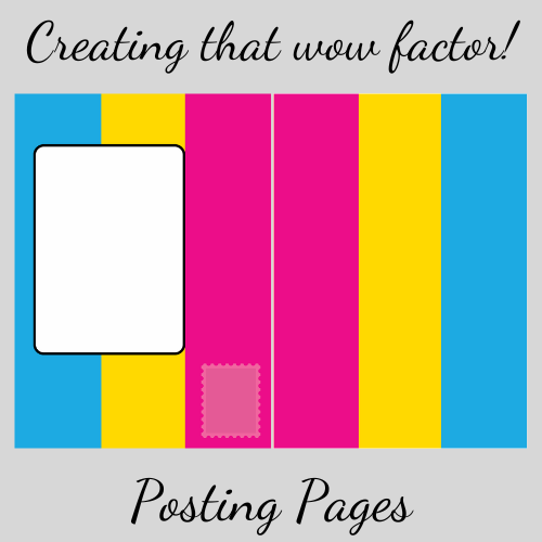 Image shows the built-in envelope sides for the Bare Cards Pansexual Birthday Card with Pansexual flag colours and text 'Creating that wow factor! Posting Pages' on a grey background