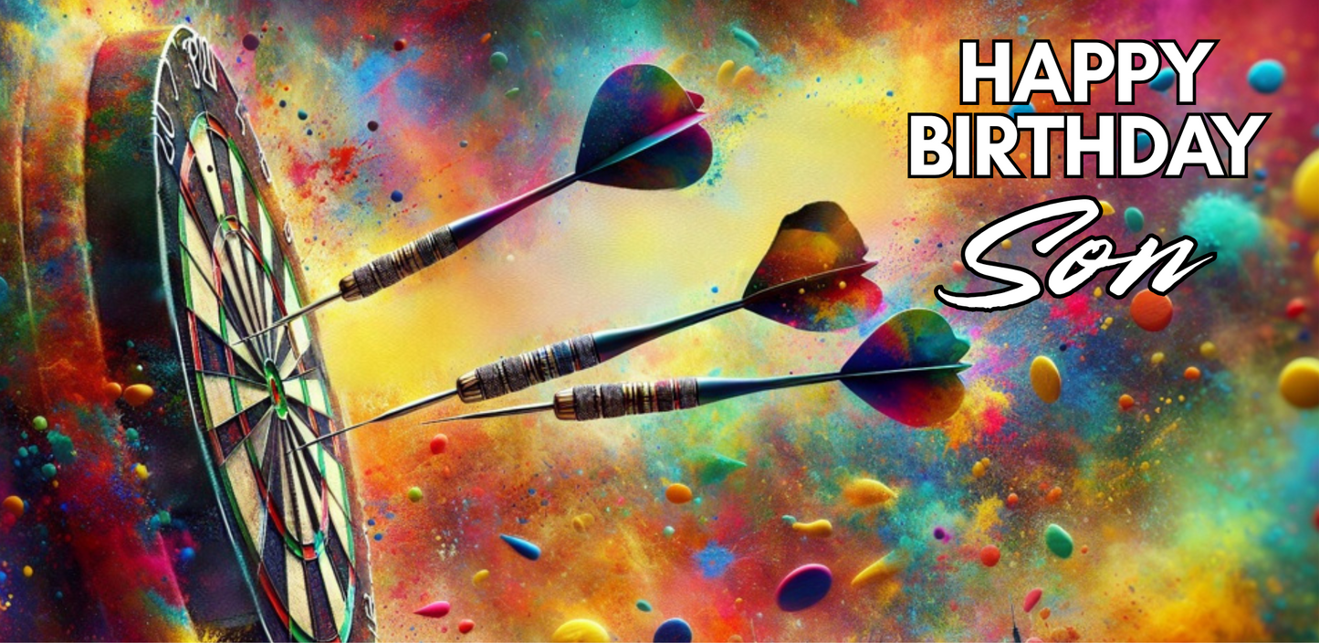 Bare Cards Colorful Trifold birthday card with darts hitting a dartboard and 'Happy Birthday Son' text.