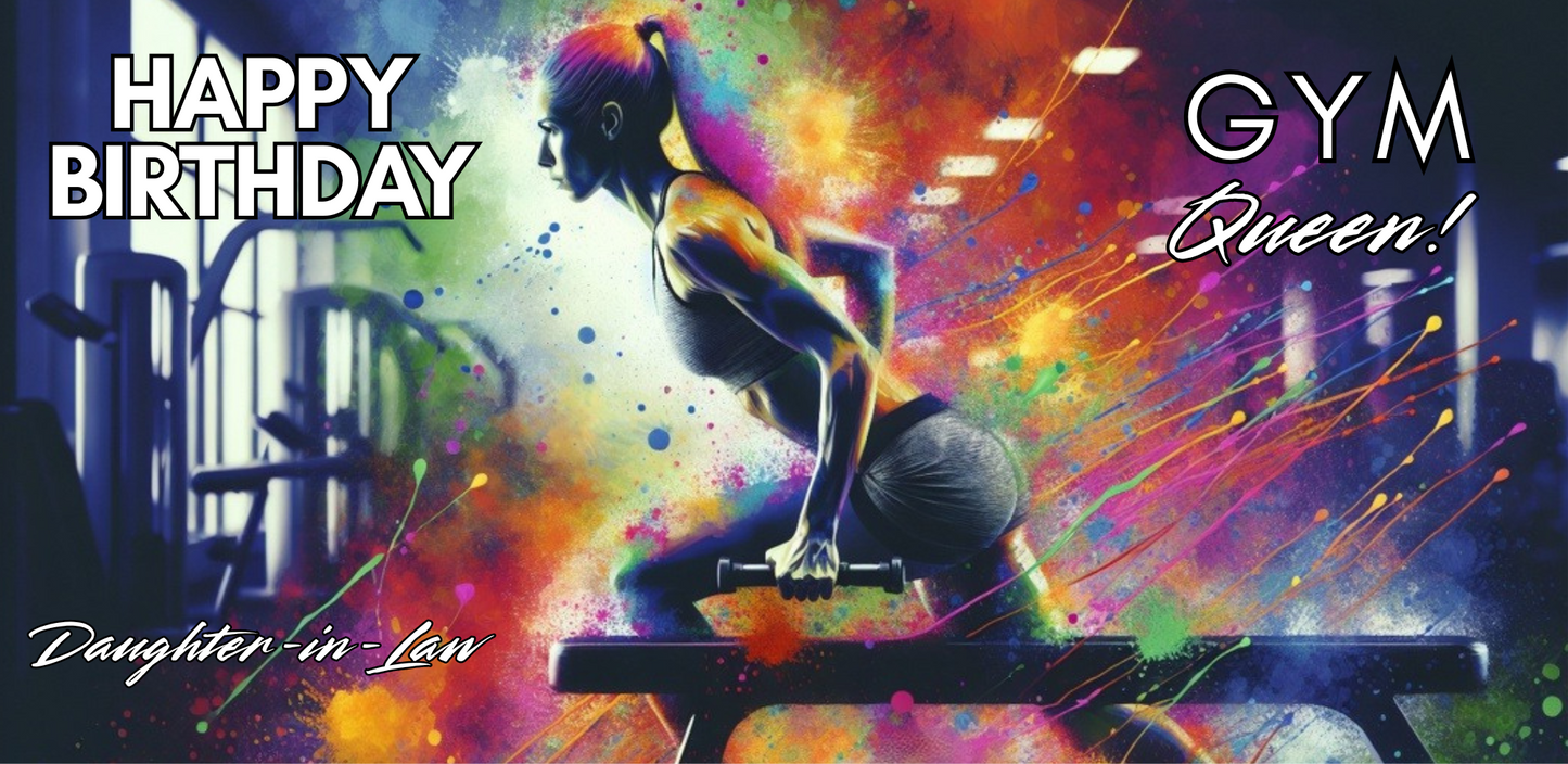 Bare Cards Trifold Colorful birthday card with a woman lifting weights and text 'Happy Birthday Gym Queen Daughter in Law'.