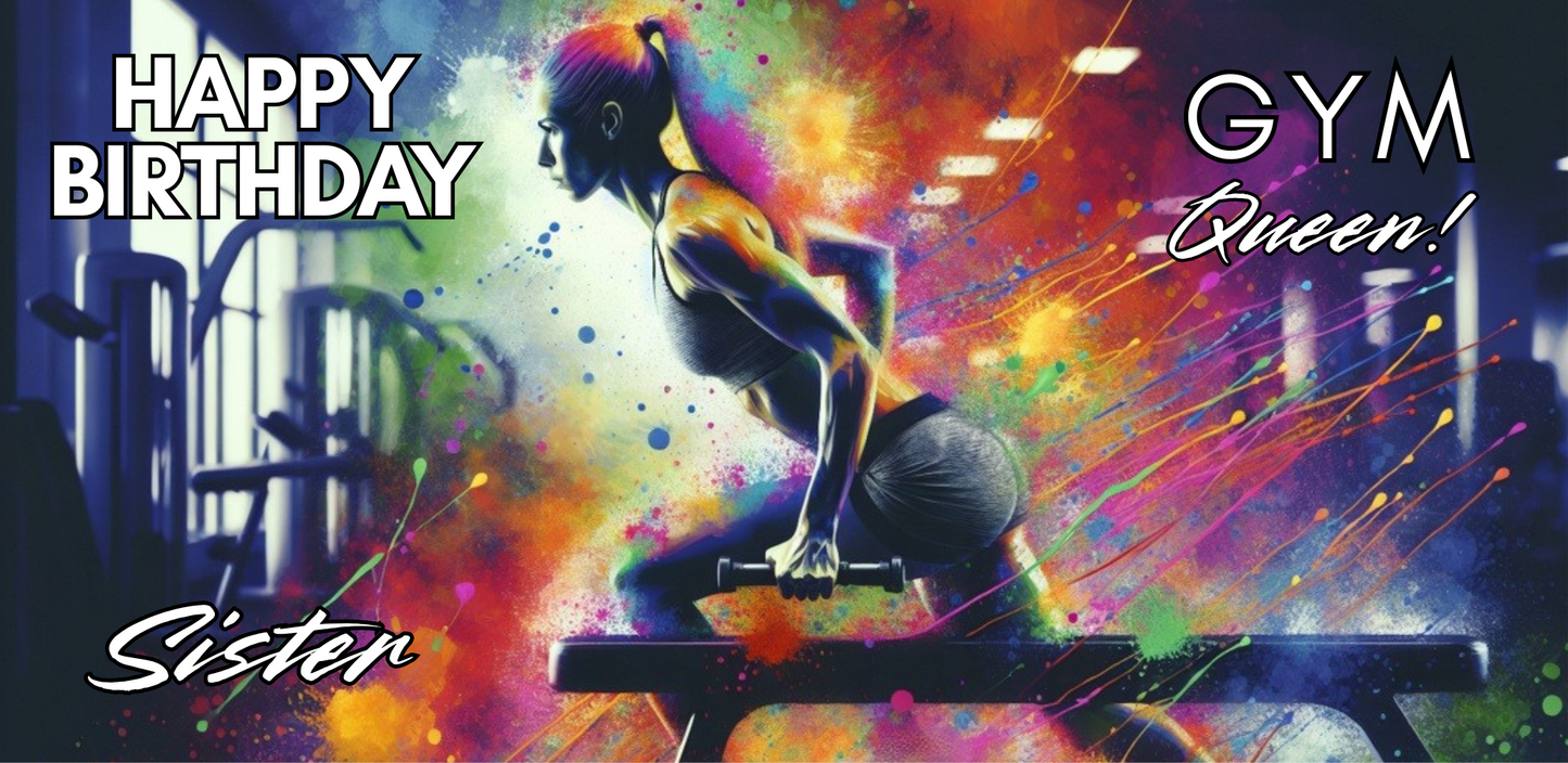 Bare Cards Trifold Colorful birthday card for a gym queen with a woman lifting weights and text "Happy Birthday Sister GYM Queen".