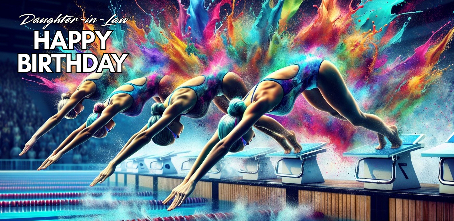 Trifold swimming birthday card for daughter-in-law featuring four women diving into a pool with rainbow splashes on a vibrant background; no envelope needed, eco-friendly design.
