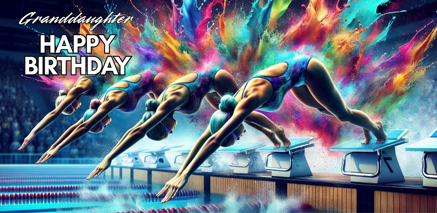 Trifold swimming birthday card for granddaughter featuring four women diving into a pool with rainbow splashes on a vibrant background; no envelope needed, eco-friendly design.
