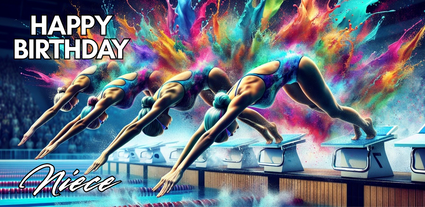 Trifold swimming birthday card for niece featuring four women diving into a pool with rainbow splashes on a vibrant background; no envelope needed, eco-friendly design.