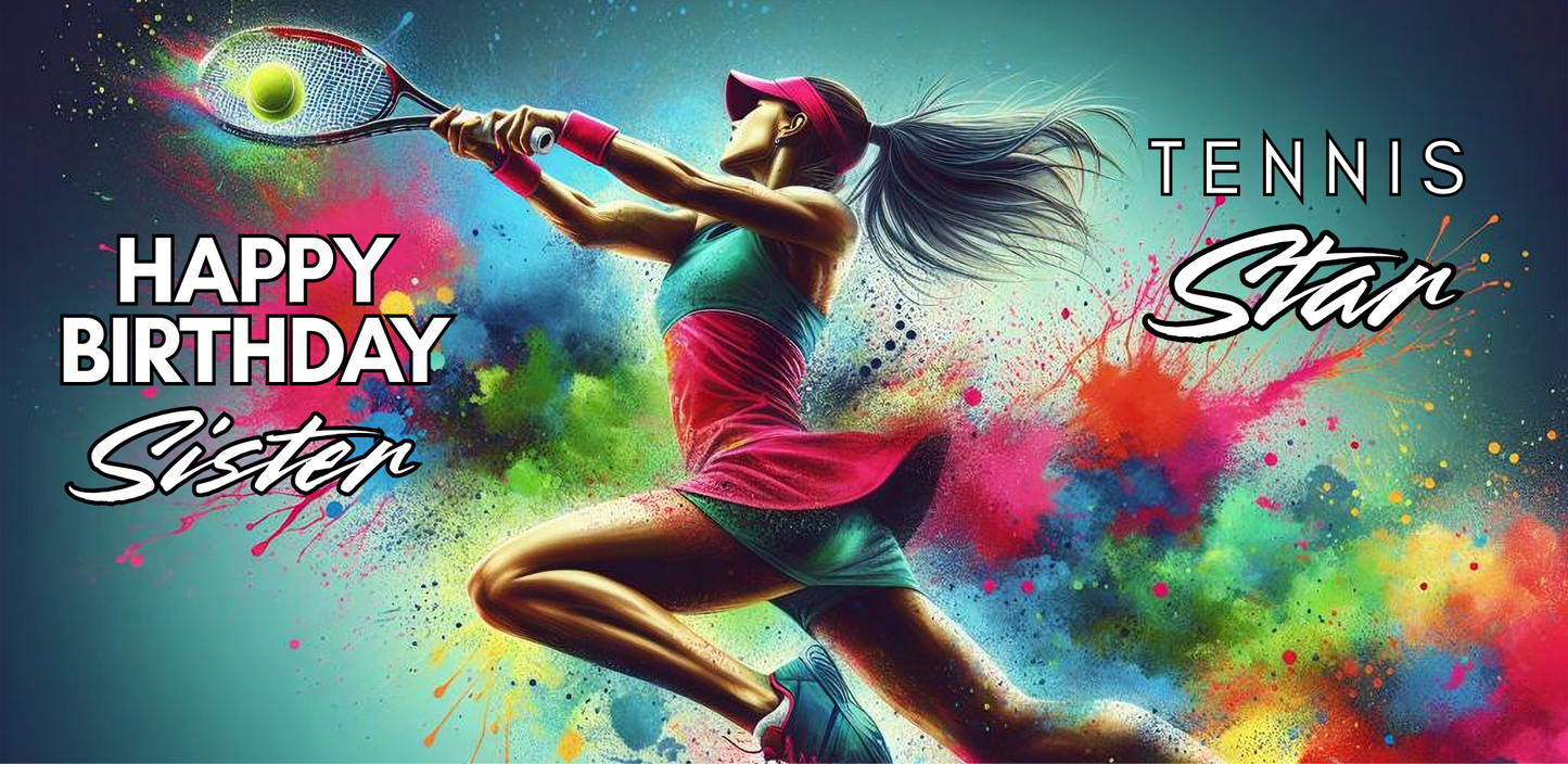 Bare Cards self-sealing Trifold birthday card for sister tennis player featuring a woman lunging to hit the ball on a background of rainbow paint splatters and the text "Happy Birthday Sister Tennis Star!".
