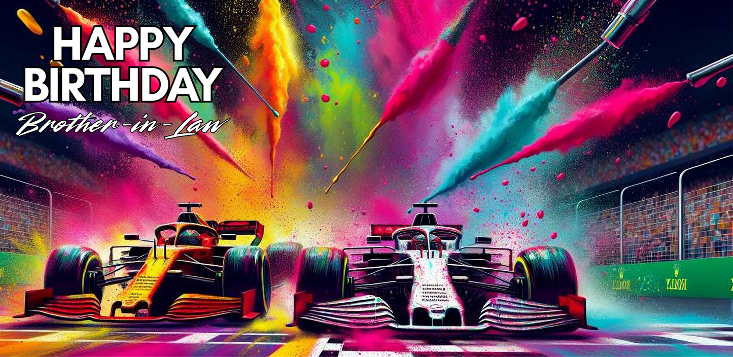 Colorful trifold birthday card with racing cars and 'Happy Birthday Brother-in-Law' text.