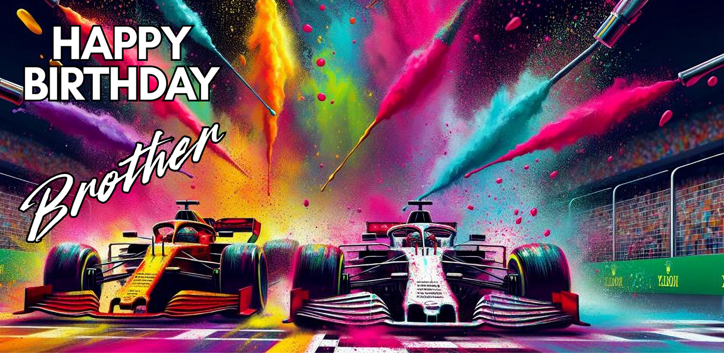 Colorful trifold birthday card with racing cars and 'Happy Birthday Brother' text
