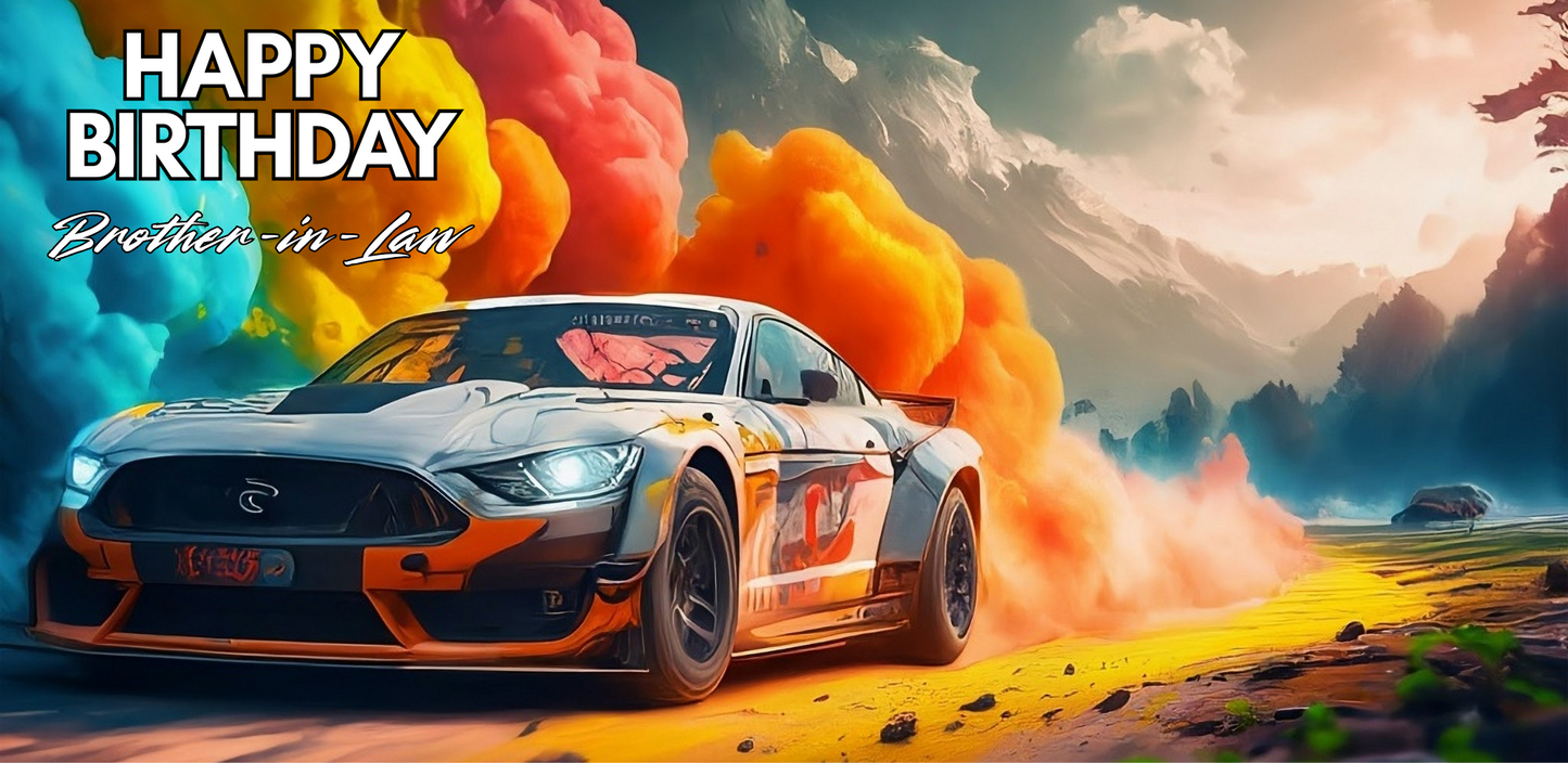 Racing car on a scenic road with colorful smoke and 'Happy Birthday Brother in Law' text.