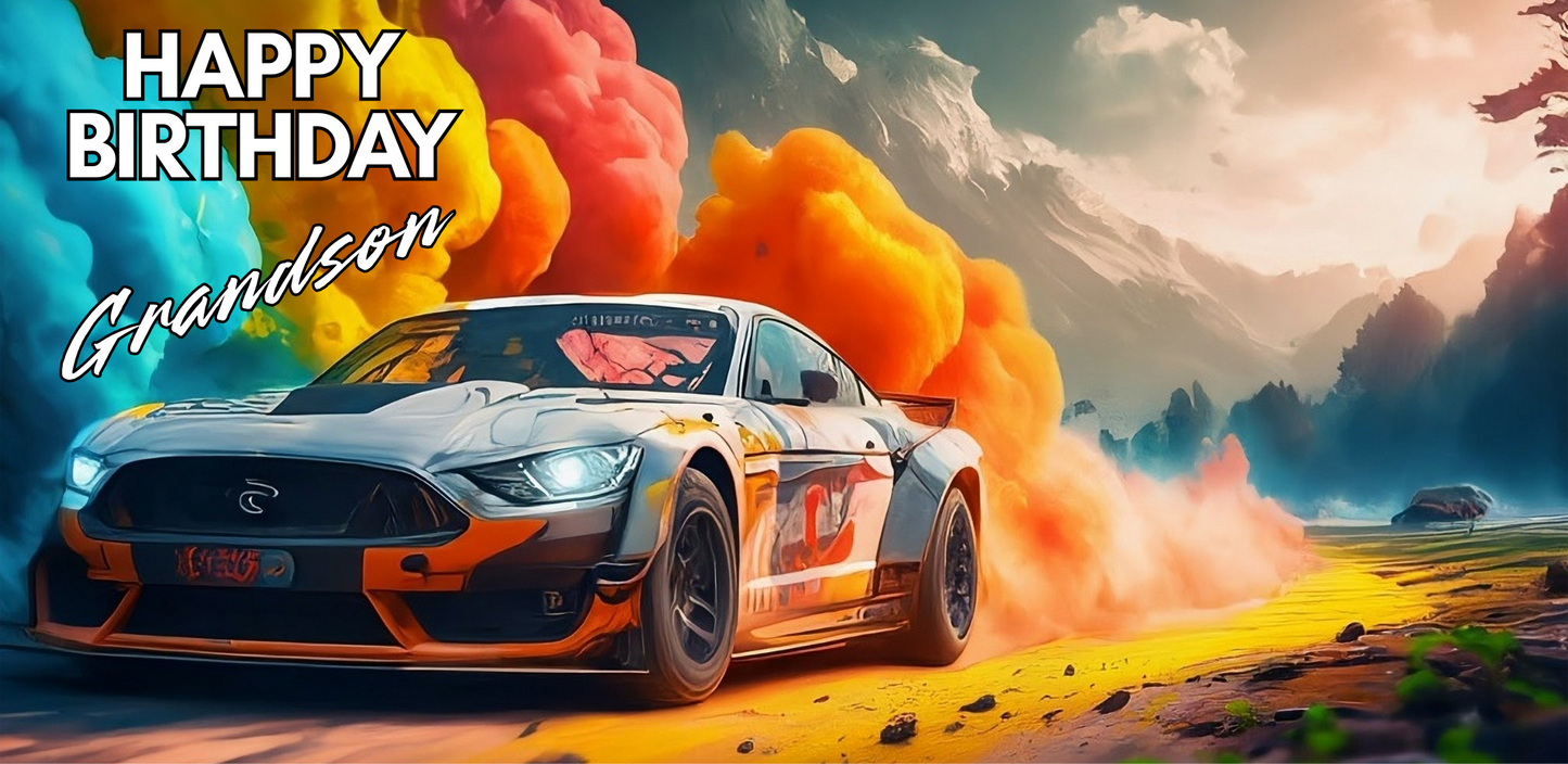 Racing car with colorful smoke effects on a scenic background, celebrating a birthday for a grandson.