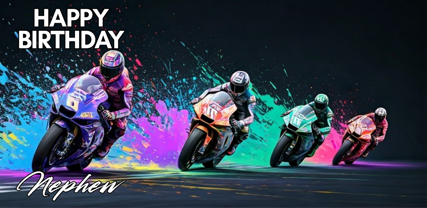 Four motorcyclists racing on a track with colorful splashes and 'Happy Birthday' text.
