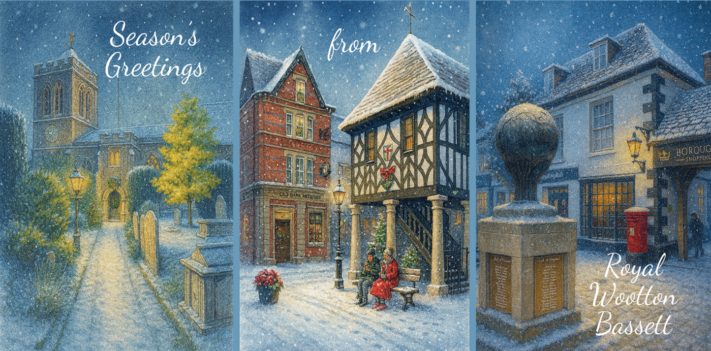 Bare Cards Trifold Christmas Card for Royal Wootton Bassett depicting three snowy town scenes with festive text and branding.