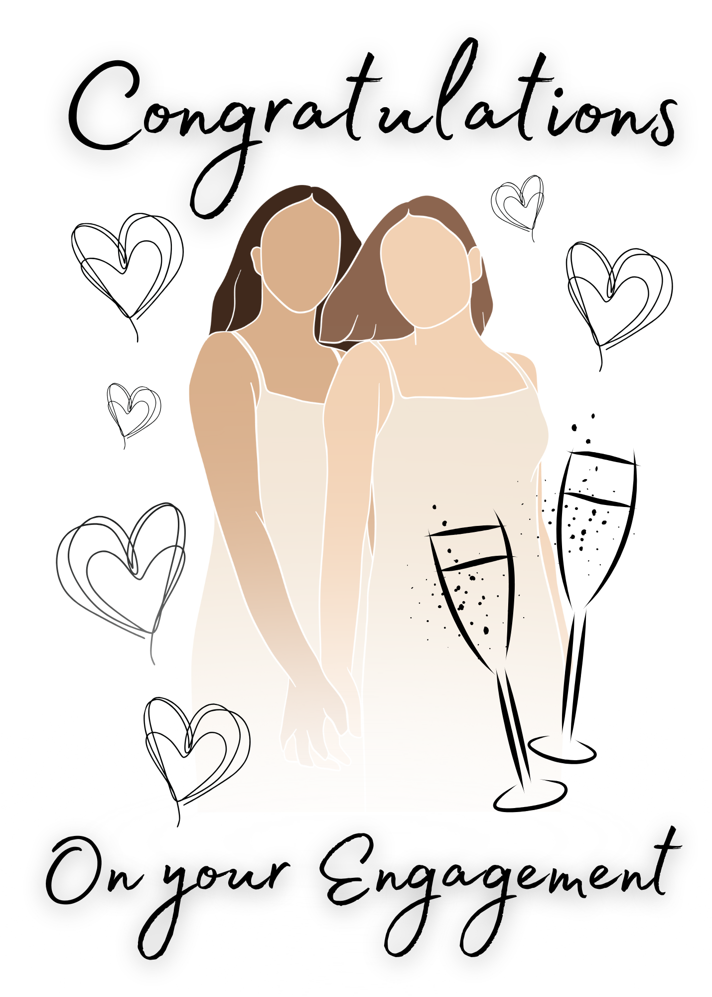 Two women in cream dresses with champagne glasses and hearts, celebrating an engagement.