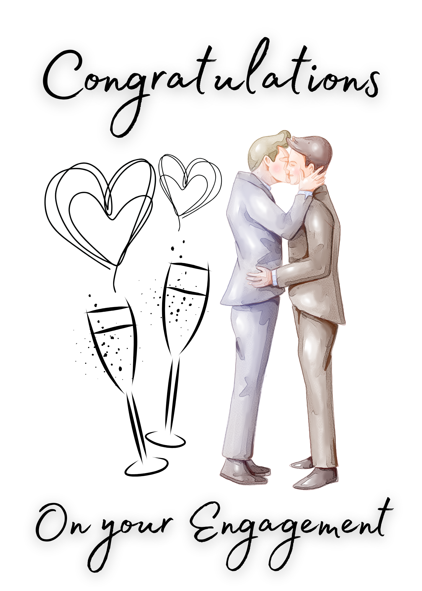 7.5 x 5 ins Illustration of two men kissing with champagne glasses and hearts, accompanied by 'Congratulations on your Engagement' text.