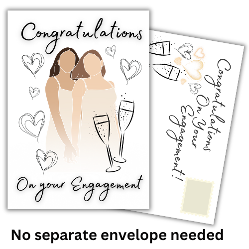 Bare Cards Same Sex Engagement card with two women holding hands and champagne glasses, surrounded by hearts. Built-in posting page in the background.