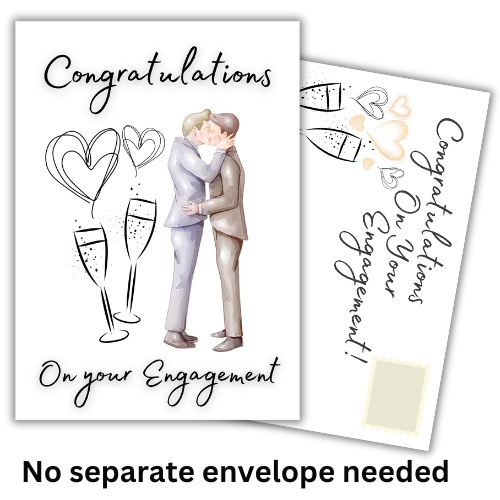 Image shows the front and posting pages of the Bare Cards Engagement card with gay couple embracing, champagne glasses, and hearts.