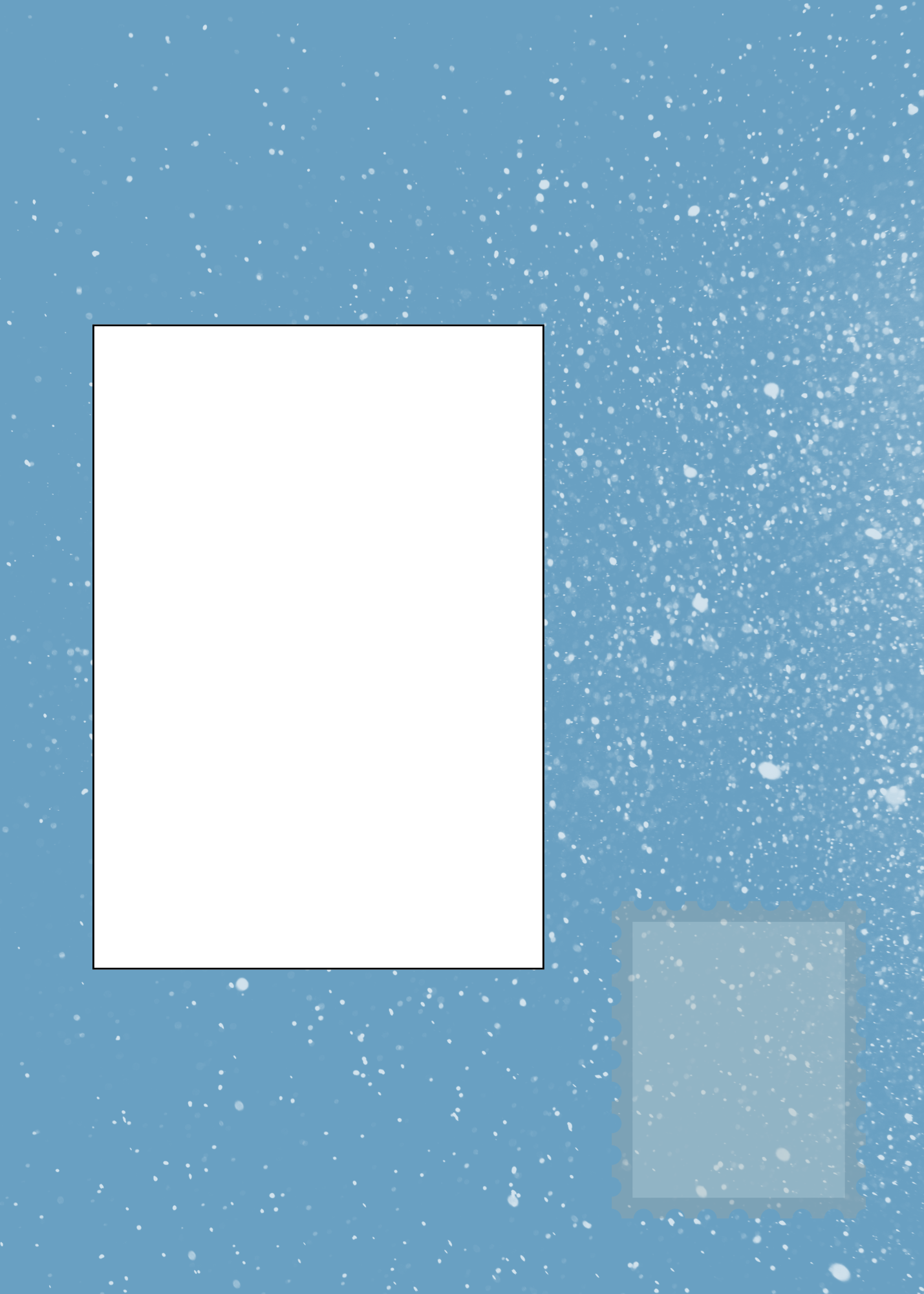 Blue background with white snowflakes and two rectangular frames.