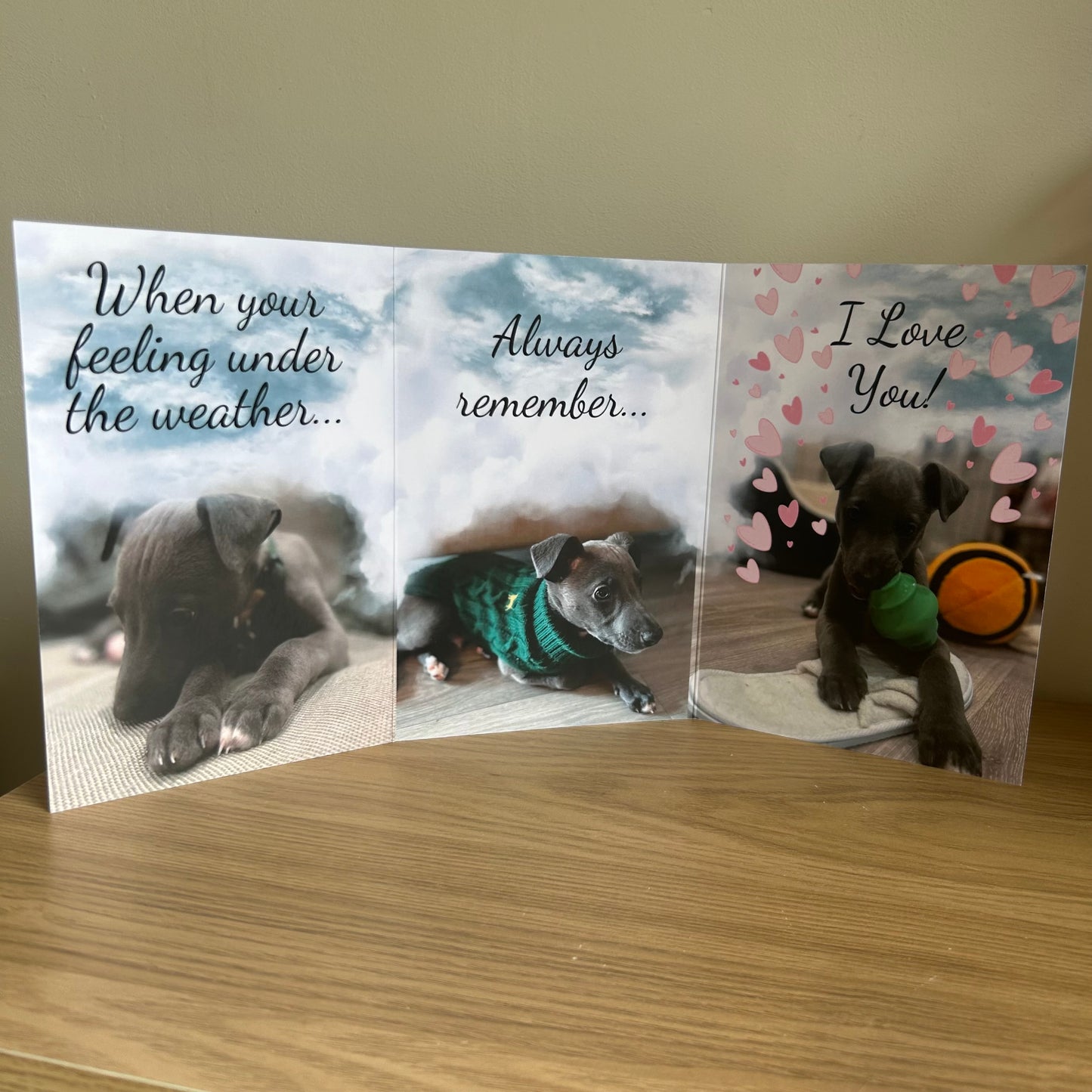 The image depicts a photo of the Bare Cards Dog Photo Get well Card with the full trifold image open showing 3 cute photos of a whippet puppy. The caption on the card reads 'When you're feeling under the weather, always remember, I love you!.'