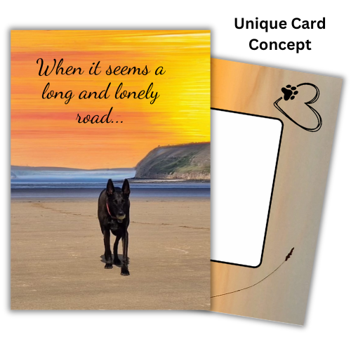 The image shows the front of the Bare Cards Dog Photo Sentiment Card 'Lonely Road' showing a dog trotting up the empty beach with a sunset background and the words 'When it seems a long and lonely road'. Behind is an image of the Bare Cards Built-in Envelope front, with sunset and a white rectangle to write address. There is a black heart outline with a dog paw and a single ear of corn silhouetted against the sunset. The caption reads 'Unique Card Concept'