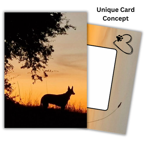The image shows the front of the Bare Cards Dog Photo Sentiment Card 'Thins will get better' showing a silhouette of a  dog under a tree on a sunset background. Behind is an image of the Bare Cards Built-in Envelope front, with sunset and a white rectangle to write address. There is a black heart outline with a dog paw and a single ear of corn silhouetted against the sunset. The caption reads 'Unique Card Concept'