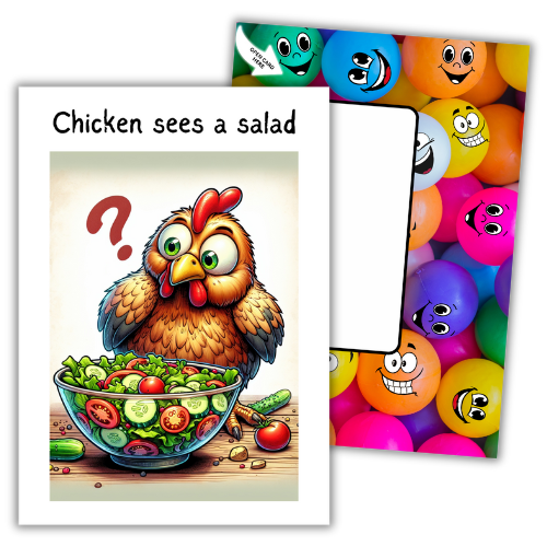 Image show the front of the Bare Cards Giggle Balls Humour Range 'Chicken Sees a Salad'. The illustration shows a startled cartoon chicken looking at a bowl of salad with a question mark hanging in the air and the caption 'Chicken sees a salad'.
Behind this is the image of the vibrantly coloured Giggle Balls posting page with multioloured plastic balls on it.